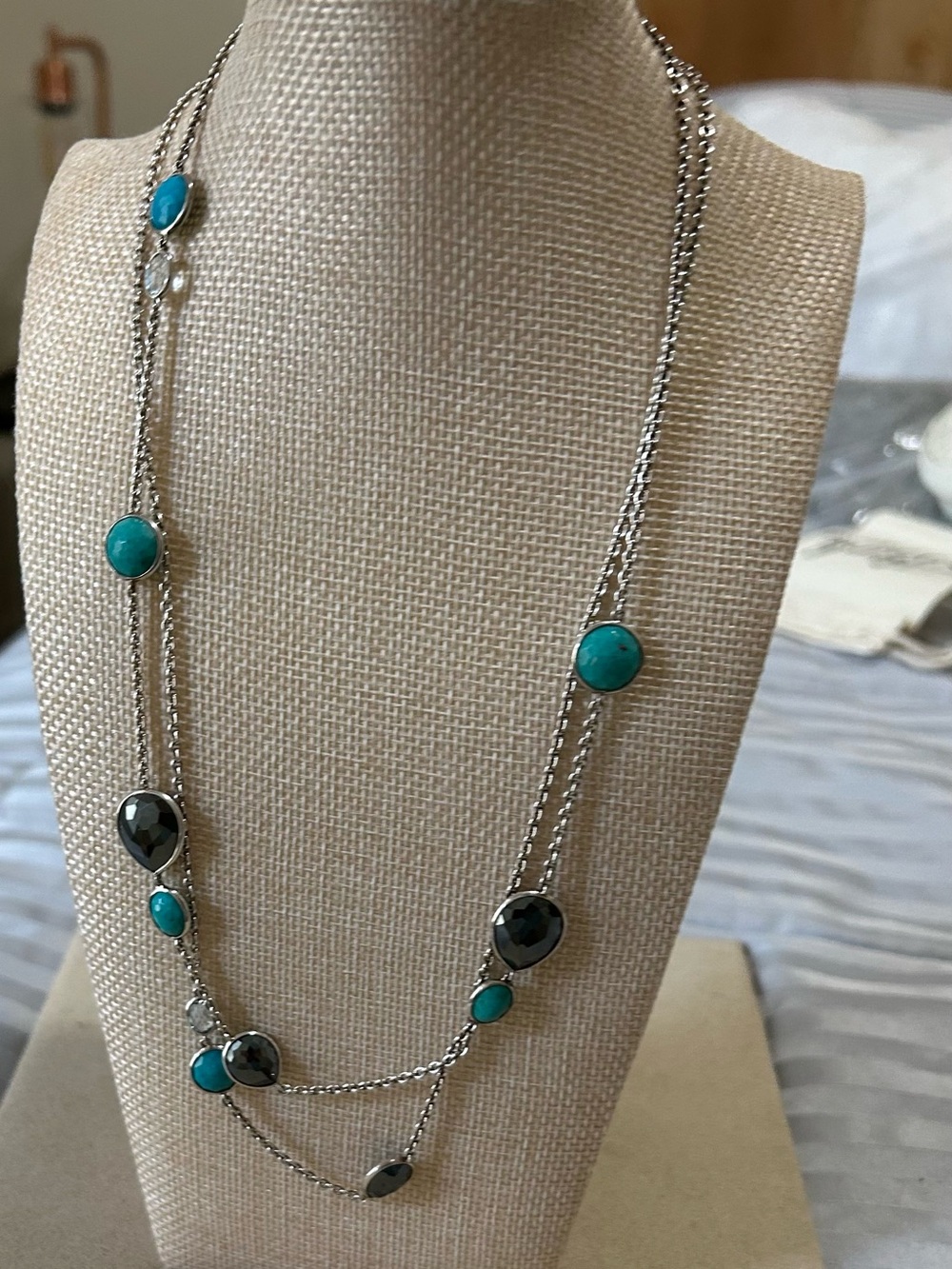 Ippolita Long 42” Silver Station Necklace with Turquoise/Hematite/Crystal